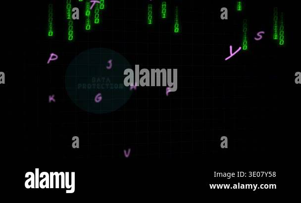 Shield fading into circular HUD, binary digits falling and icons ...