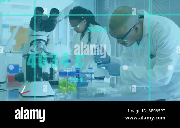 Male lab tech pipetting while female tech sorting vials, HUD fading in ...
