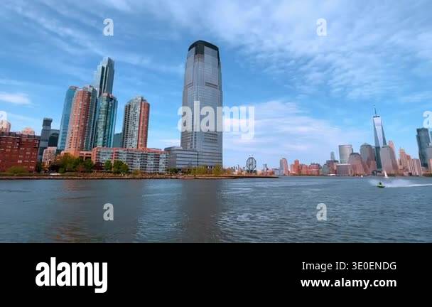 Panoramic view of Manhattan skyline from the Hudson River. Distant view ...