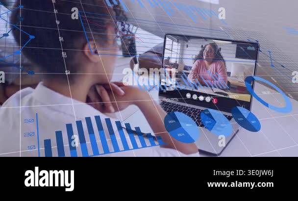 Seated mentee watching screen, mentor speaking and causing blue charts ...