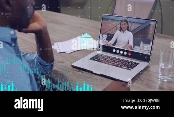 Man watching laptop while host speaking, starting icons and waveform ...