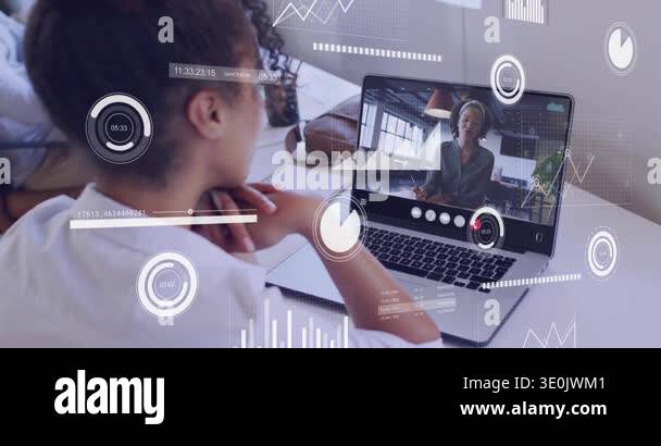 Woman watching laptop while host speaking, HUD charts appearing and ...