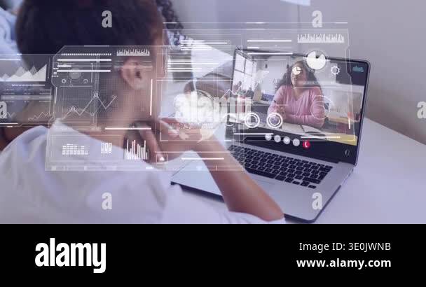 Seated woman listening peer speaking and gesturing animated charts ...