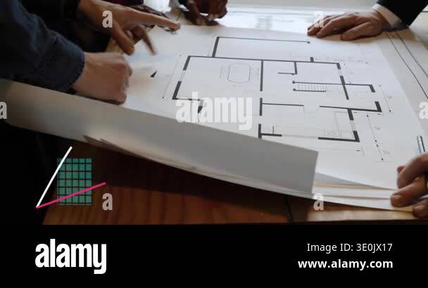 Planners unrolling architecture plans on wooden table, pen marking ...