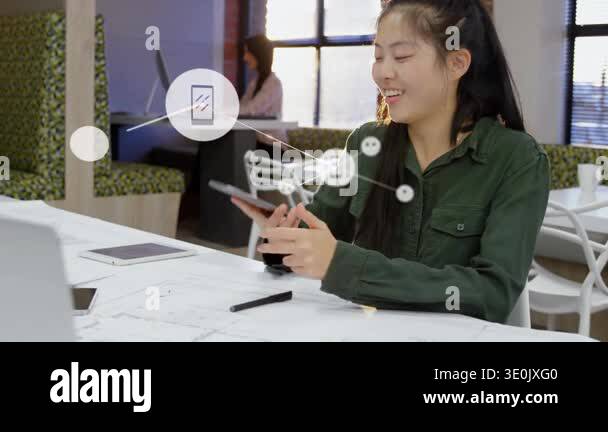 Seated woman tapping phone and calling, causing animated icons growing ...