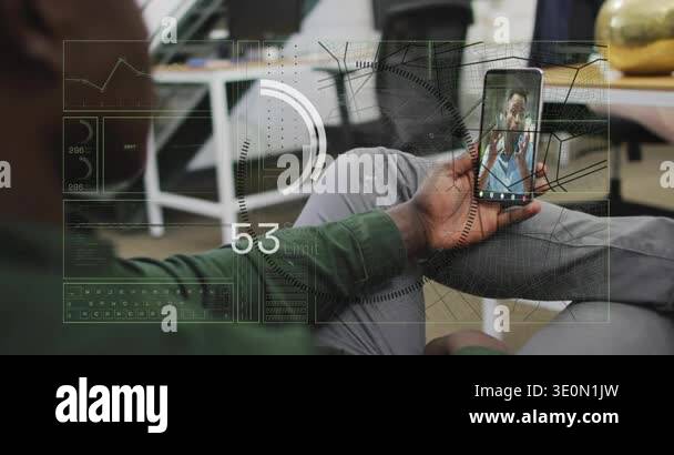 Man taking phone call in business HUD animating dial, readouts rising ...