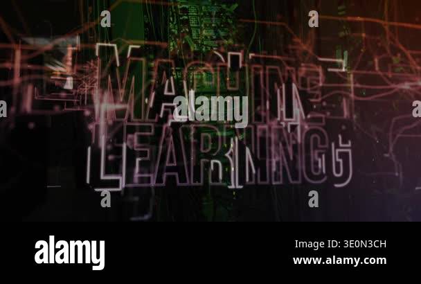Machine Learning Title Frames starting MACHINE LEARNING title forming over rack aisle, lines ...