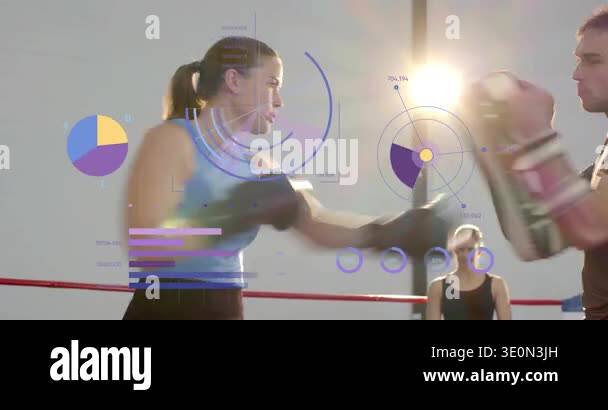 Female boxer initiating jabs at coach pads in ring, animated HUD ...