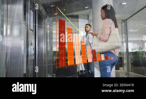 Man pressing elevator button to call elevator, woman using phone ...