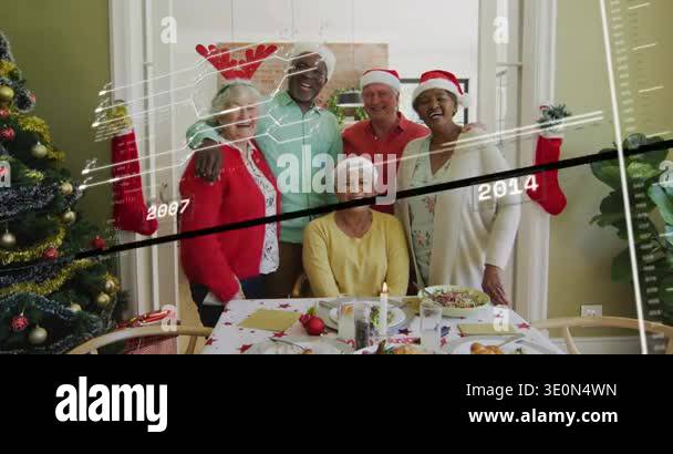 Seniors posing at Xmas table, animated timeline sweeping across showing ...