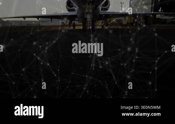 On start, low camera revealing jet nose through network overlay, crew ...