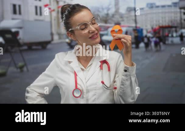 Young hispanic woman doctor with stethoscope holds orange ribbon in ...