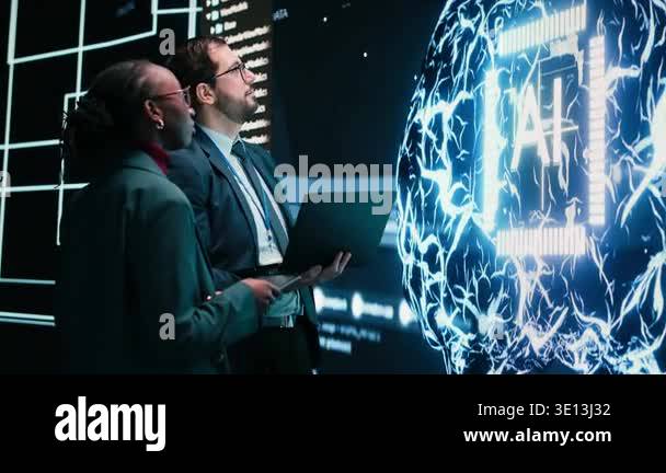 Autonomy concept, AI machine learning and engineering team looking at ...