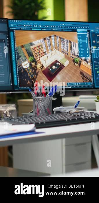 Vertical Video Modern architecture dual monitors with 3D rendering ...