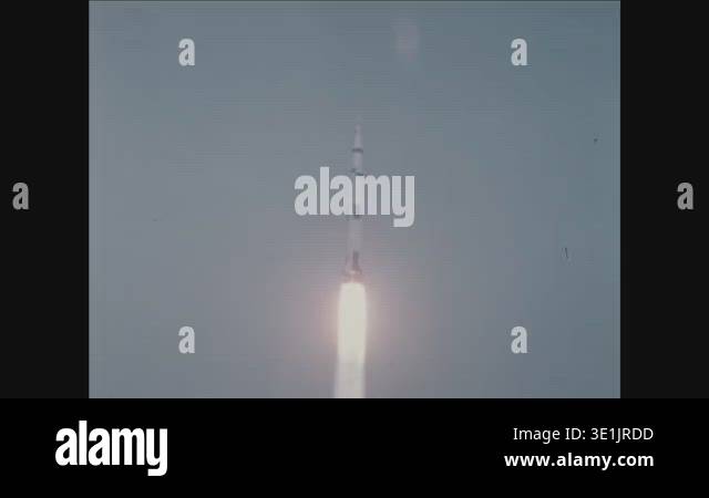 FLORIDA - 1970 - A tracking shot of Apollo 13's launch and staging ...