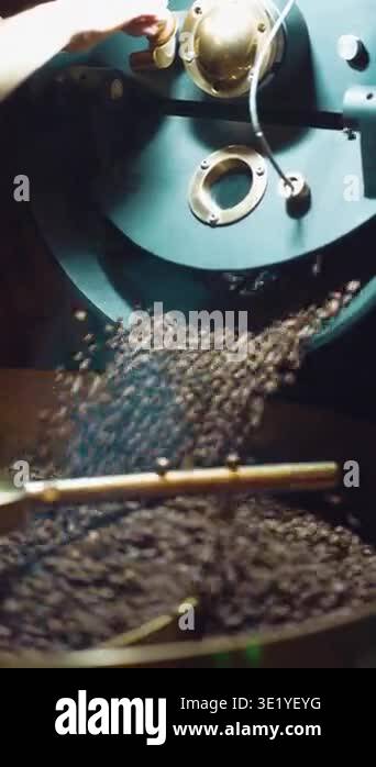 Coffee beans roasting in vintage roaster, barista hand releasing slow ...