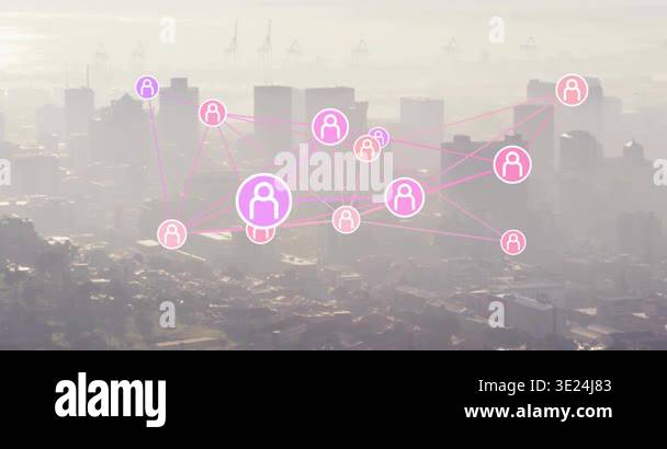 Central purple node pulsing, network drawing links and clustering over ...