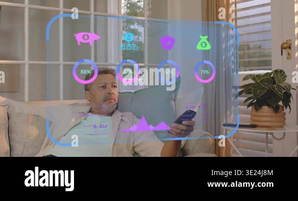 Man clicking remote on couch updating meters and shaping home tech ...