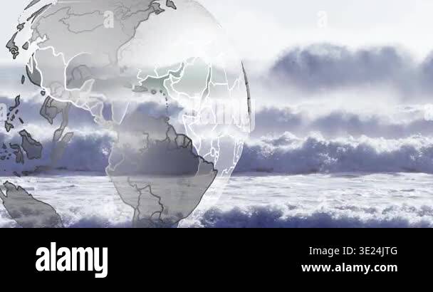 Translucent globe fading in, rotating clockwise over surf, shifting ...