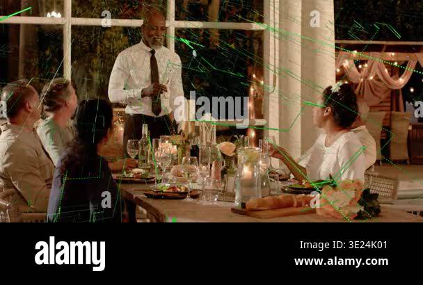 Rasing Lass Male speaker raising glass, causing green overlays growing over table ...