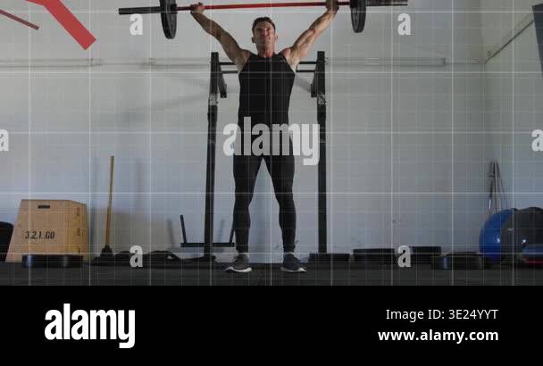 Man racking barbell pressing overhead and deep squatting for fitness ...