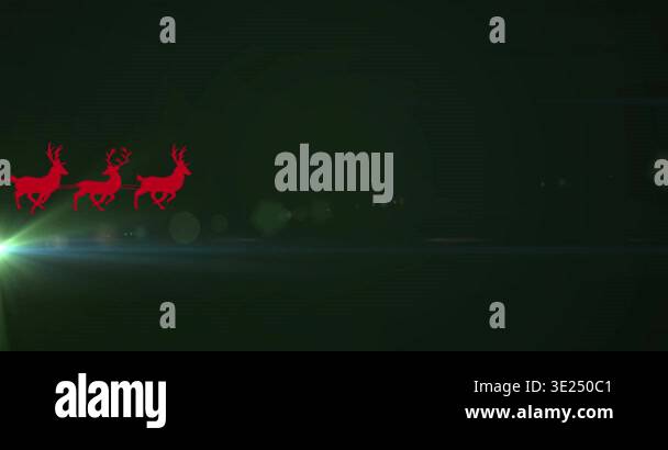 Lens flare and bokeh starting red sleigh three reindeer racing right on ...