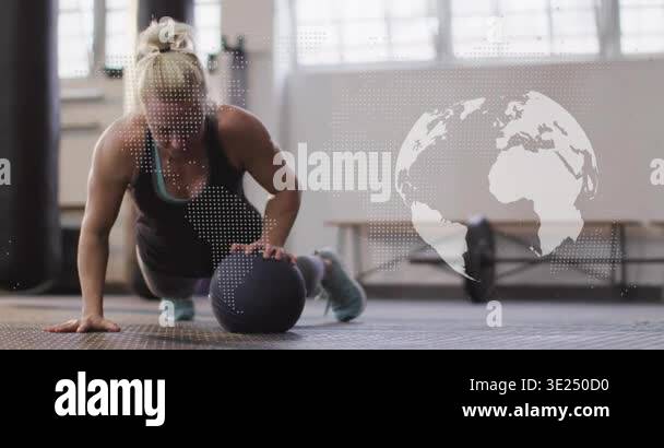 Athlete starting low hand-on-medicine-ball, driving, shifting for ...