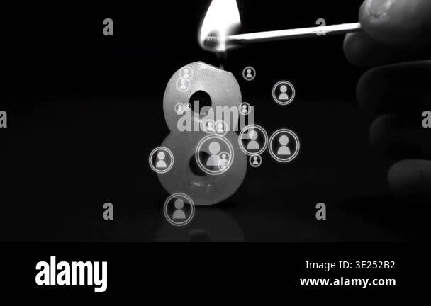 Hand entering right lighting 8-shaped candle with match, icons grouping ...