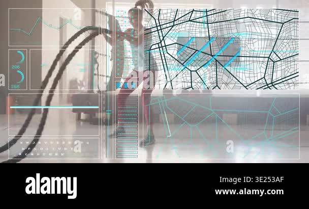 Woman doing battle ropes fitness studio waves causing HUD tracking ...