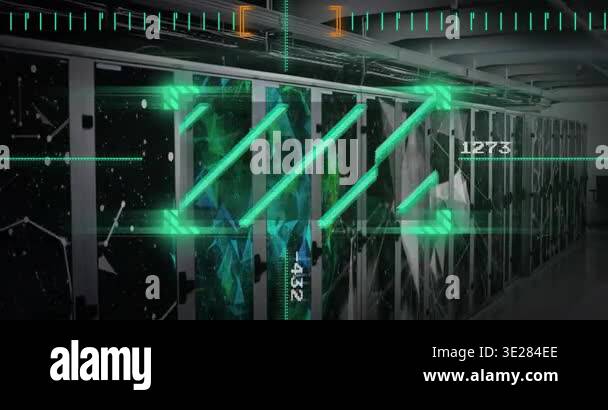 Animation of green scanner over plexus networks against computer server ...
