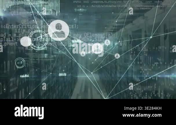 Animation of connected icons, programming language, graph icon, lens ...