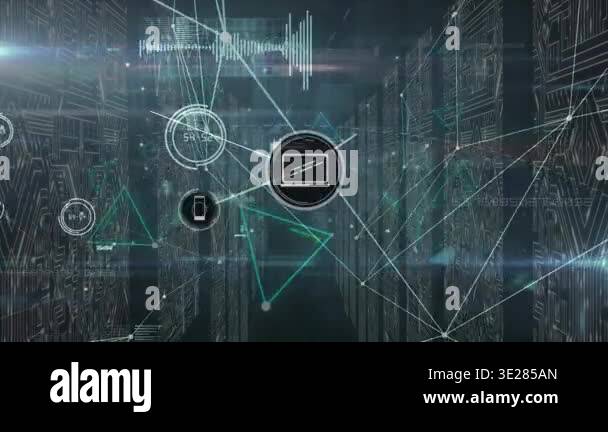 Animation of network of connections with icons and data processing over ...
