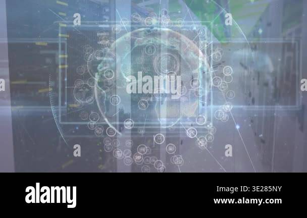 Animation of globe with icons rotating over server room. global network ...