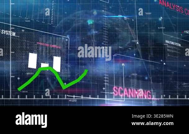 Animation of red line green line and data processing over grid charts ...