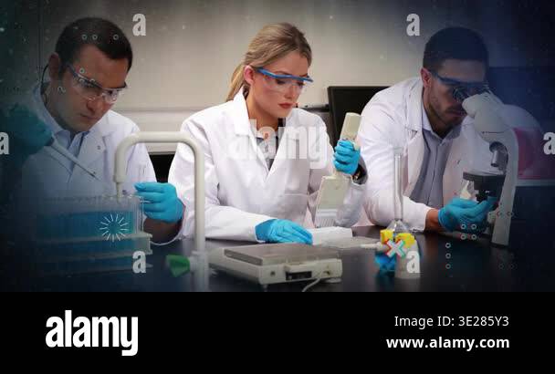Scientists pipetting samples at lab bench, with animated data charts ...