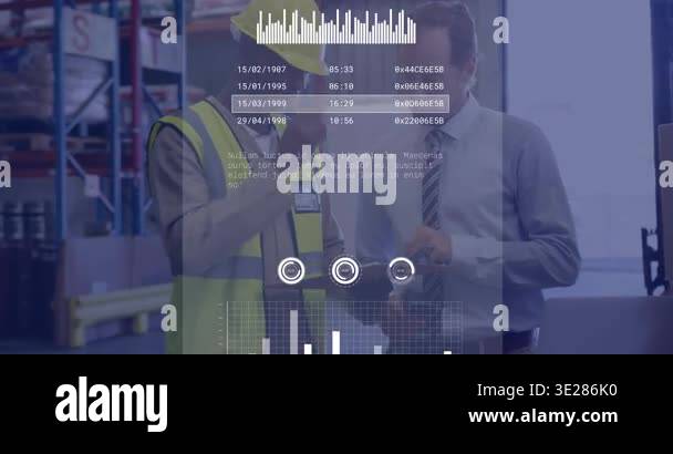 Worker with clipboard pointing at HUD while manager tapping device ...