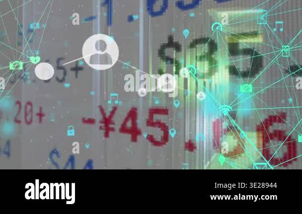 Animation of network of connections with icons and data processing over ...