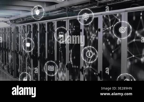 Animation of multiple digital icons and network of connections against ...