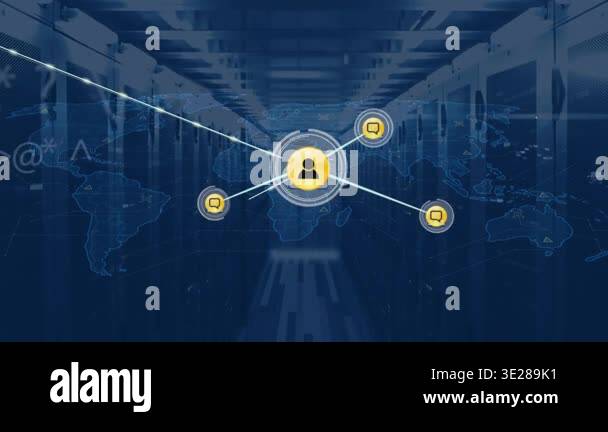 Animation of network of connections with icons and data processing over ...