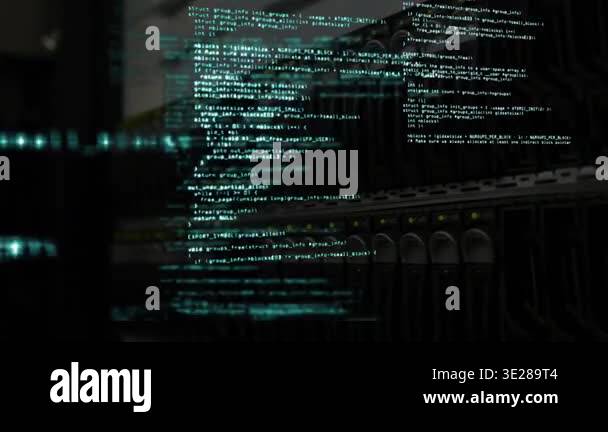 Animation of computer data processing over black background. global ...