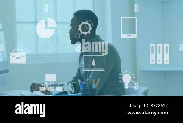 Animation of multiple digital icons against african american man using ...