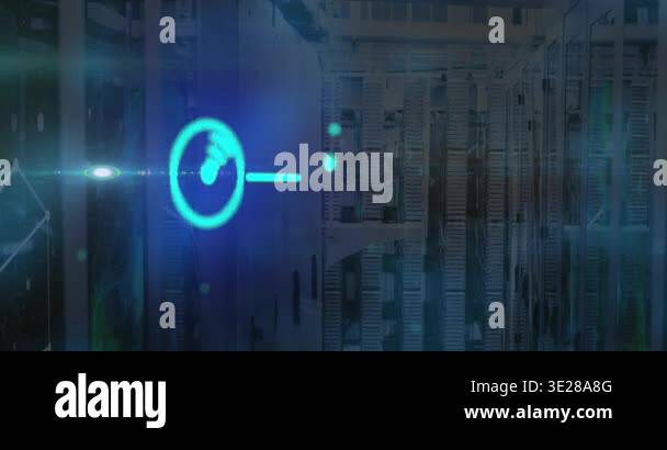 Animation of computer icons and connections over computer servers ...