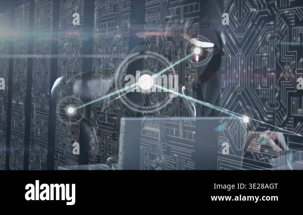 Animation of network of connections with icons and data processing over ...