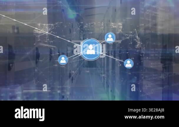 Animation of network of connections with icons and data processing over ...