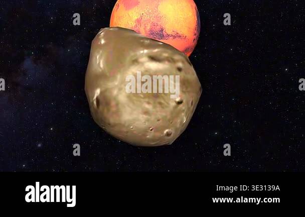 3d animation of Phobos and Deimos moons of Mars showing orbits, surface ...