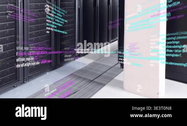 Animation of multicolored computer language over data server racks in ...