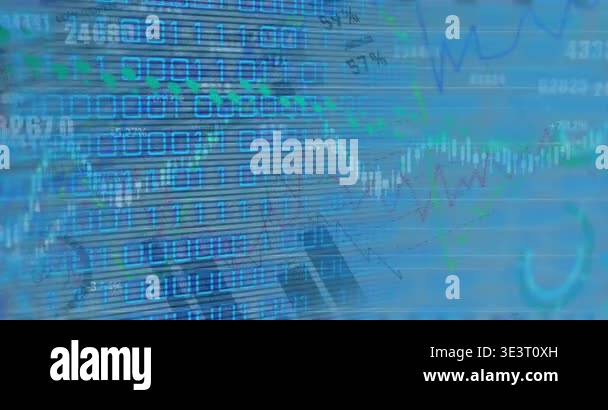 Animation of financial data and graph over binary code on blue ...