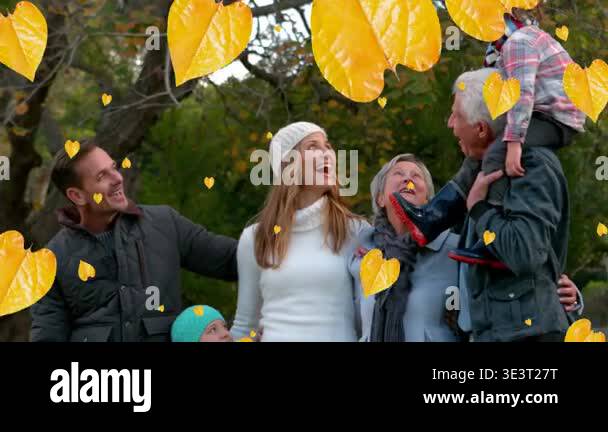 Animation of fall leaves falling over happy multigeneration caucasian ...