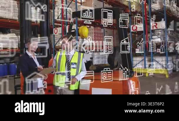 warehouse team confirming stock, aligning inventory with tablet, icons ...