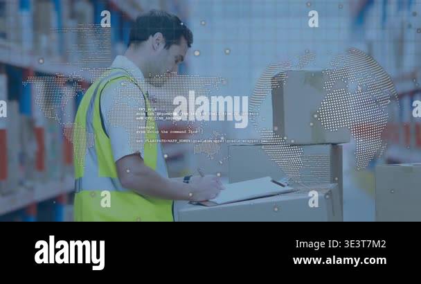 Inventory clerk grabbing clipboard and logging cartons while globe ...